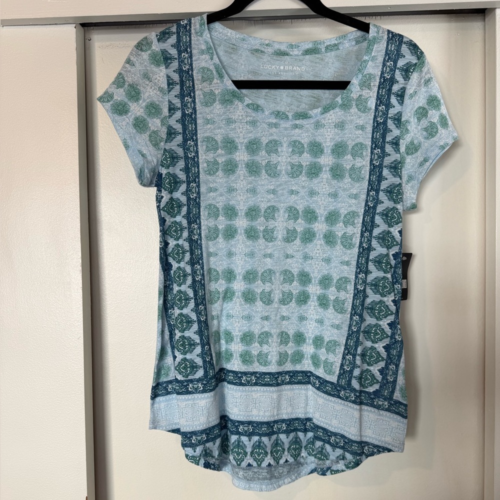 Lucky Brand Teal and Navy Patterned Short Sleeve Top - Picture 2 of 6